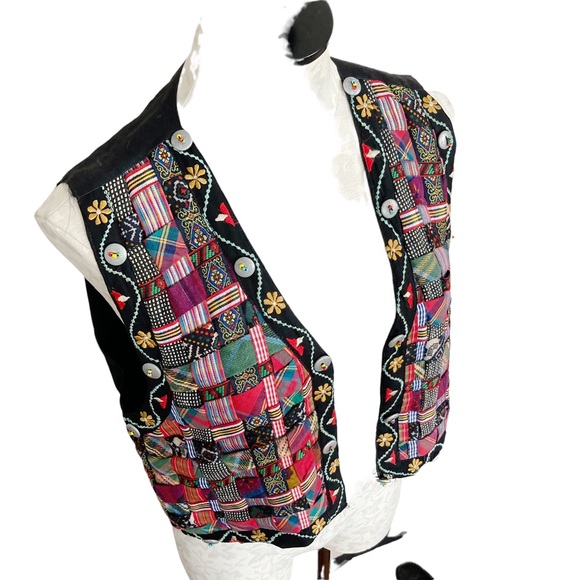 Vintage Jou Jou Embellished Silk Ribbon Plaid Button Ornate Vest - Picture 2 of 9
